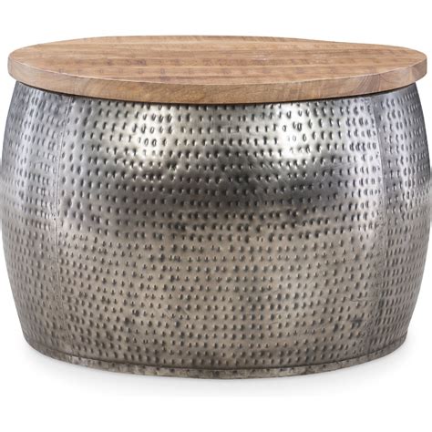 This concrete coffee table takes on an alluring rounded shape, ready for outdoor entertaining. Powell Royce Drum Coffee Table Storage Silver Wood in 2020 | Drum coffee table, Coffee table ...