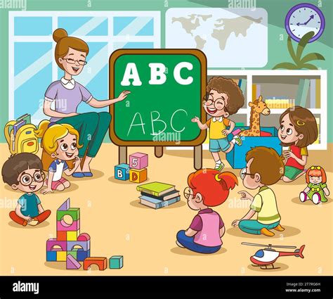 School Teacher And Children Studying In Classroom Vector Illustration