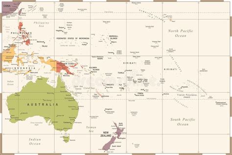 Mapa De Austrália E De Oceania Ilustração Do Vetor Do Vintage
