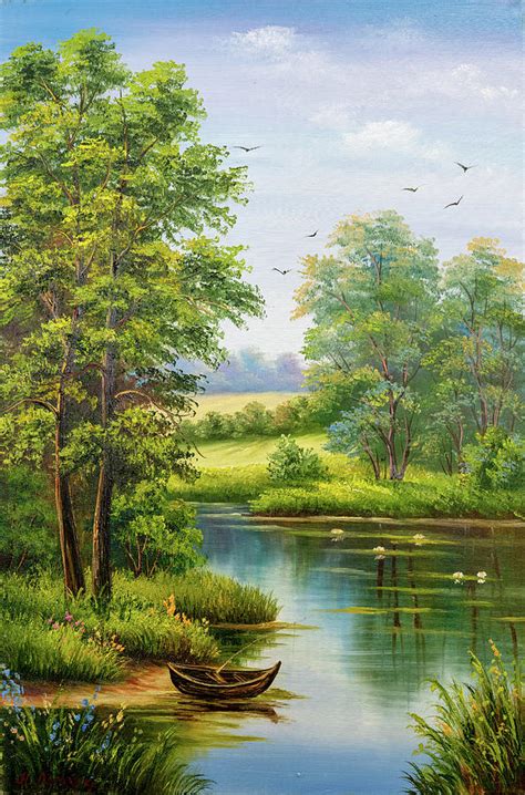 Original Landscape Nature Painting Forest River Artwork Green