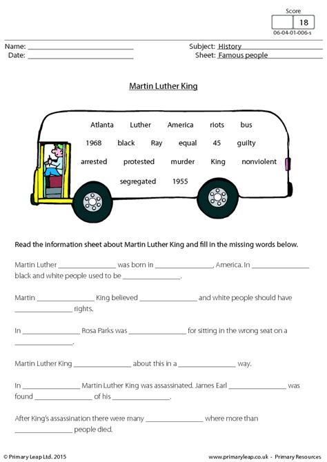 These printable worksheets for 5th grade are about critical thinking, social skills, reading, writing, math, science and everything else. Cloze Exercise - Martin Luther King
