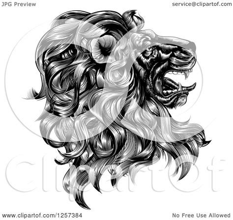 Clipart Of A Black And White Vintage Engraved Profiled Heraldic Lion Head Royalty Free Vector