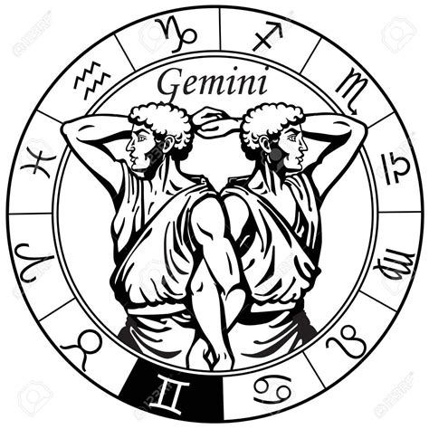 Gemini Astrological Horoscope Sign In The Zodiac Wheel Black And White Vector Illustration