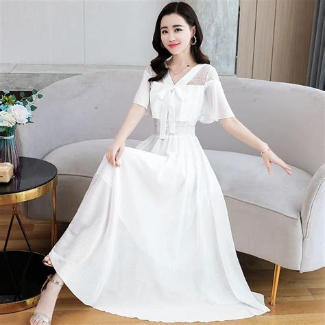 White Dress 2020 Summer New Beach Chiffon Maxi Korean Dress Long Plus