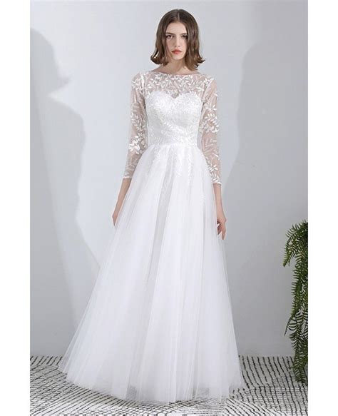 Leaf Lace Long Tulle Wedding Dress Aline With 34 Sleeves Ys619