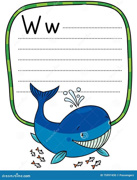 Pequeña Ballena Divertida Alfabeto W Ilustración Del Vector