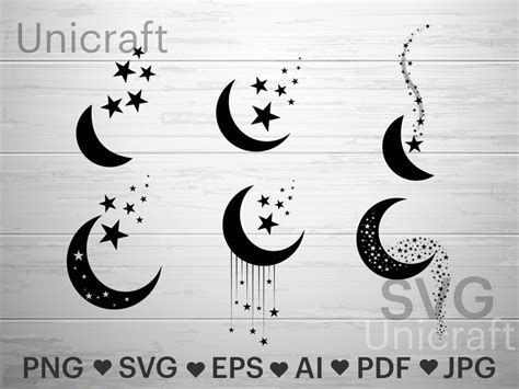 Moon And Stars Svg Celestial Svg Moon Star Set Vector Moon