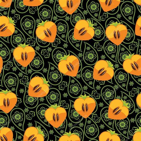 Seamless Pattern Of Persimmon In Heart And Paisley Ornament Stock