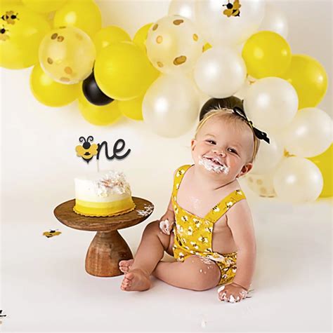 Bumble Bee 1st Birthday One Banner Bee Smash Cake First Etsy In 2021 Bee Themed Birthday