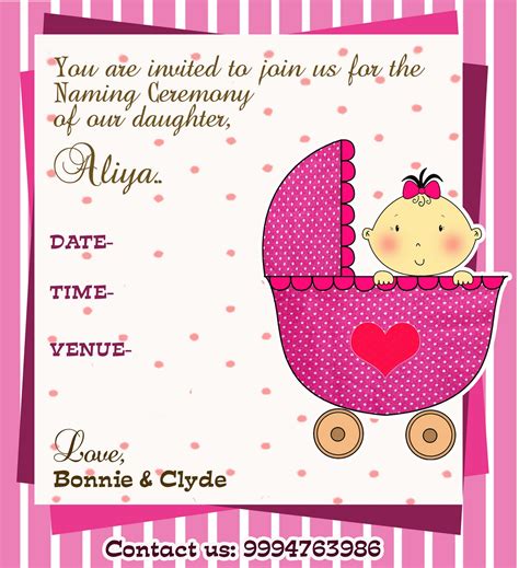 Celebrate the first ever festive occasion of your own little baby with a beautifully embossed pink baby naming ceremony invitation template with cursive fonts to invite your guests. Doodle doo!: A Naming Ceremony invite designed for a friend