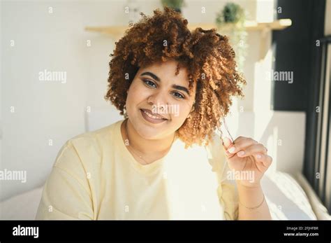 Close Up Sunny Portrait Happy Smiling Curvy Plus Size African Black Woman Afro Hair With Make Up