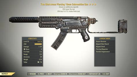 3 Two Shot 10MM SUBMACHINE GUN 25 Faster Fire Rate 25 VATS Cost