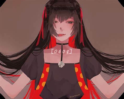 An Anime Character With Long Black Hair Wearing A Red Cape And Holding