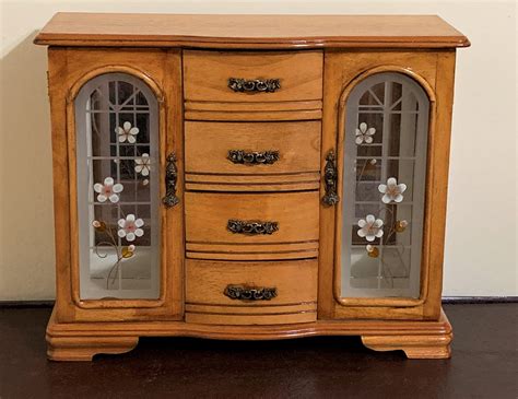 Vintage Hand Made Armoire Jewelry Cabinet Box Storage Chest Stand