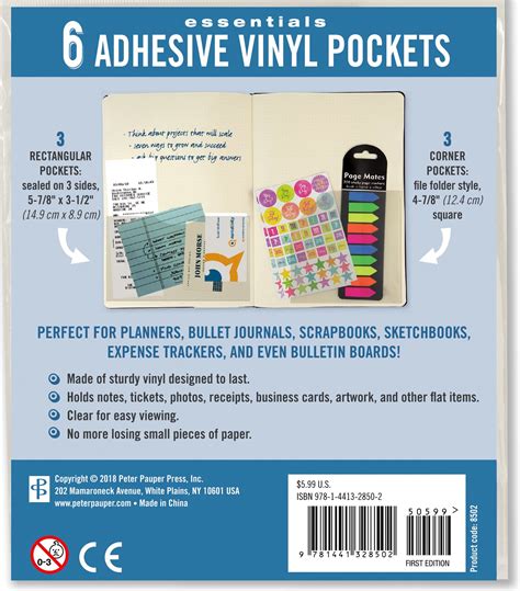 Adhesive Vinyl Pockets For Bullet Journals Set Of 6 Stick On Pockets
