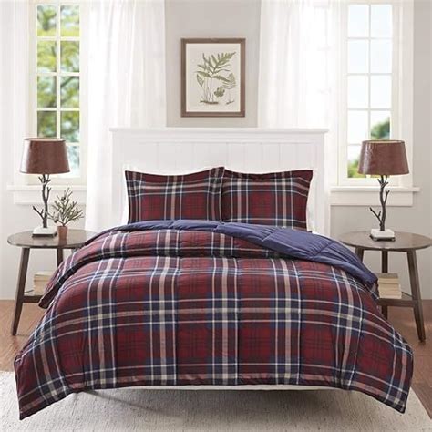 3 Piece Grey Black Red Plaid Comforter Full Queen Set Tartan Cabin Themed Home And Garden