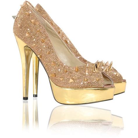 tyra bronze crystal spiked satin peep toe gold sole heels liked on polyvore fancy heels