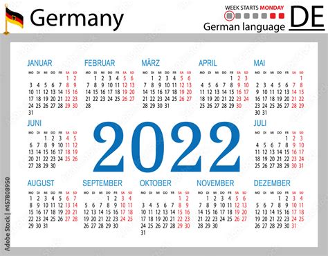 German Horizontal Pocket Calendar For 2022 Week Starts Monday Vector