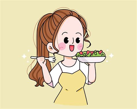 Mujer Joven Comiendo Comida Sana Dieta Comida Dibujos Animados