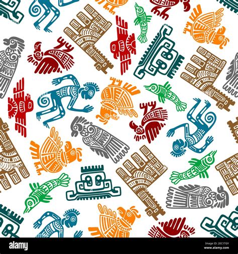 Seamless Mayan And Aztec Totems Pattern With Colorful Symbols Of Birds