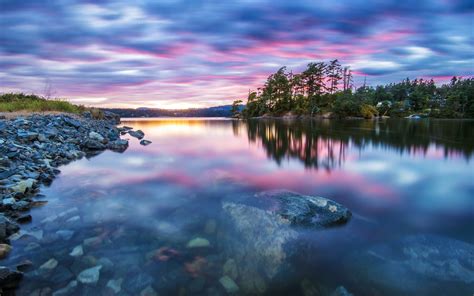 Nature Scenery Trees Lake Water Stones Sunset Tranquility