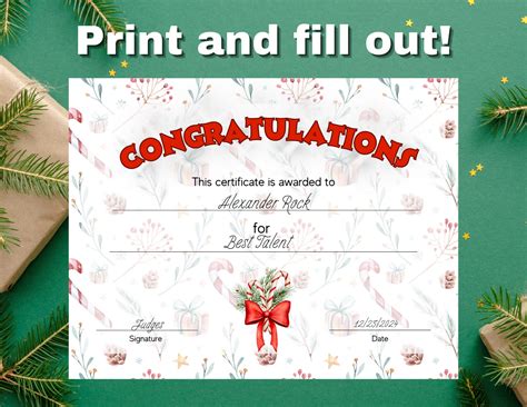Christmas Certificate Printable Holiday Certificate Editable