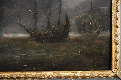 17th Century Dutch Old Master Oil On Panel Warships Off Coast