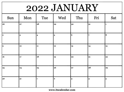 Free Printable January 2022 Calendars Free January 2022 Blank