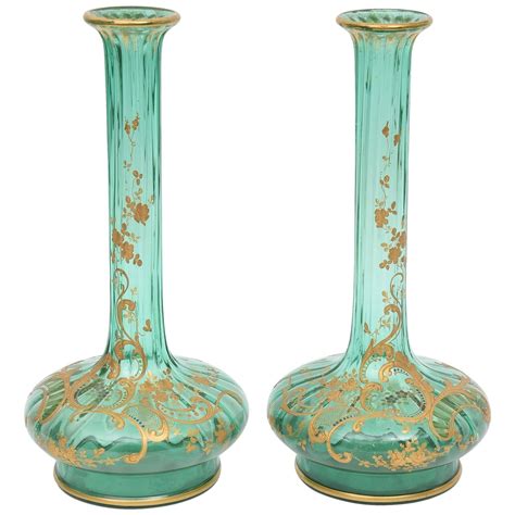 Pair Of 19th Century Moser Gilt Encrusted Green Glass Vases Green Glass Vase Glass Vase Moser