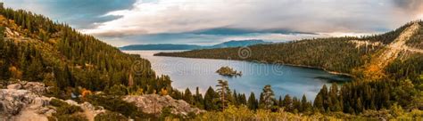 Panoramic Sunset View Over Emerald Bay And Fannette Island In Lake