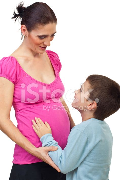 Pregannt Mom Having Conversation With Son Stock Photo Royalty Free