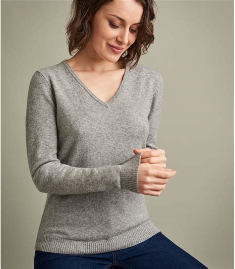 Grey Marl Womens Pure Cashmere V Neck Jumper Woolovers Au
