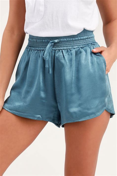 Cute Satin Shorts Blue Drawstring Shorts High Waisted Shorts