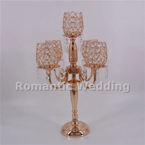 Free Shipment 10pcslots 5 Arms Gold Tulip Crystal Metal Candlestick