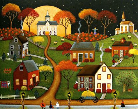 Mary Charles A Night For Treats Folk Art Painting Autumn Art