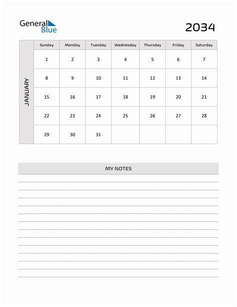 January 2034 Printable Monthly Calendar With Notes