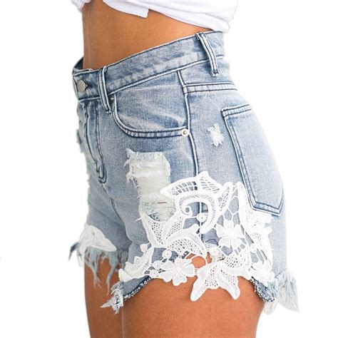 Ripped Pocket Women Shorts Sexy Hole Lace Stitching Denim Shorts Hollow Plus Size Shot Shorts