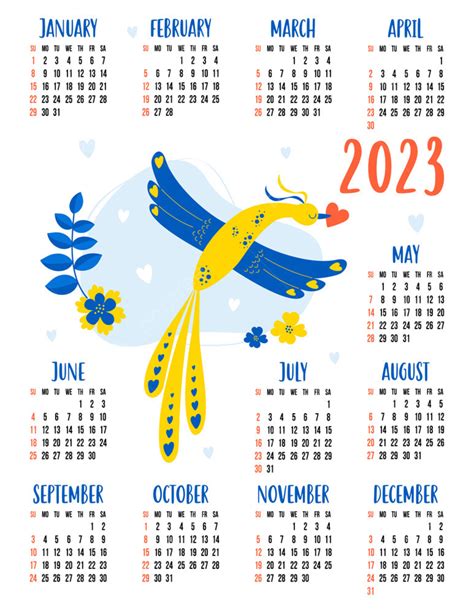 Gambar Kalender Tahunan Untuk Tahun 2023 Dengan Hiasan Burung