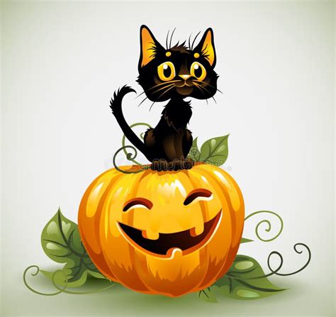 En Gullig Svart Katt På En Halloween Pumpa Vektor Illustrationer