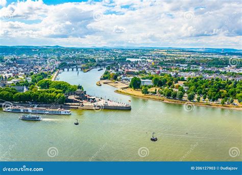 Aerial View Of Confluence Of Rhein And Mosel Rivers In Koblenz Germany