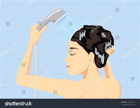 Woman Hair Washing With Water From Shower Head In Bath Room Stock Vector Illustration 318064772