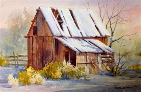 Snow Barn Watercolor Painting Of A Snow Scene Watercolor Paintings