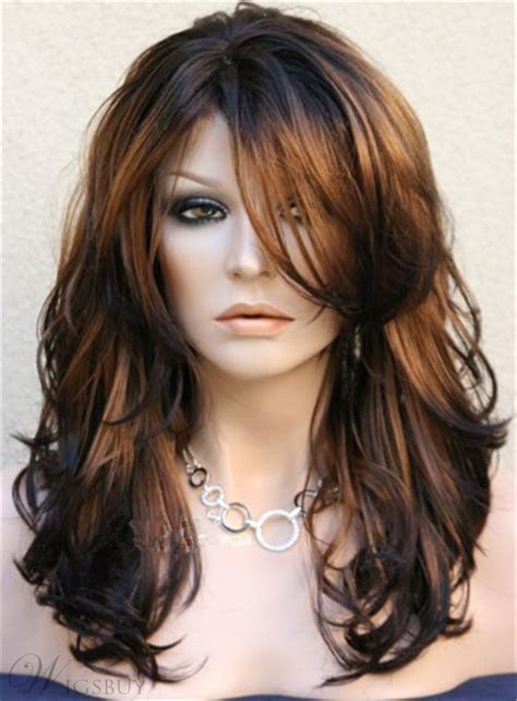 Long Layered Wavy Side Swept Fringes Hairstyle Synthetic