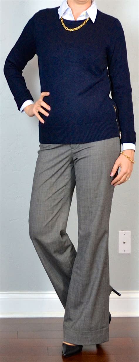 outfits for navy blue pants outfit post navy zipper sweater blue pinstripe button down grey