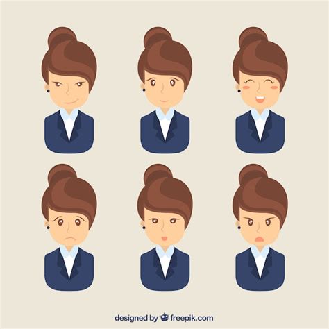 Free Vector Businesswoman With Six Facial Expressions In Flat Design