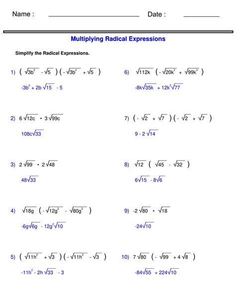 Radicals Worksheets Multiplying Radical Expressions Worksheets Made