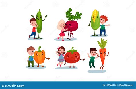 Girls And Boys Hugging With Humanized Vegetables Vector Illustration