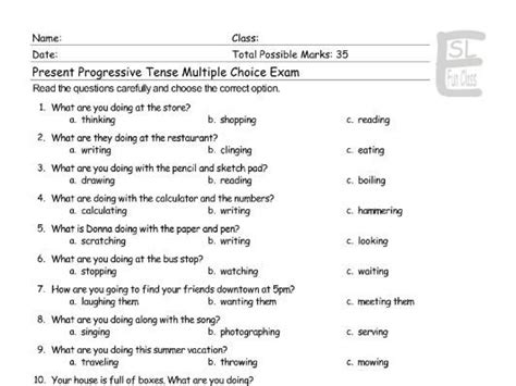 Present Progressive Tense Multiple Choice Exam Teaching Resources