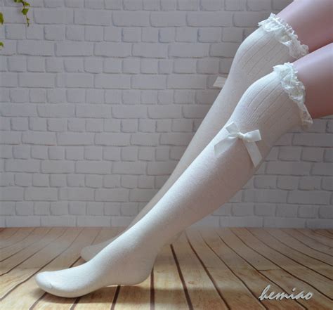 White Lace Top Bow Socks Thigh High Socks Knee High Socks Etsy