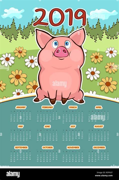 Calendrier Pour 2019 Avec Cartoon Funny Pig Symbole De Lannée Dessin